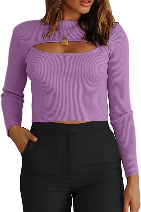 CHYRII Women's Cutout Long Sleeve Knitted Ribbed Pullover Sweater Jumper Tops | Amazon (US)