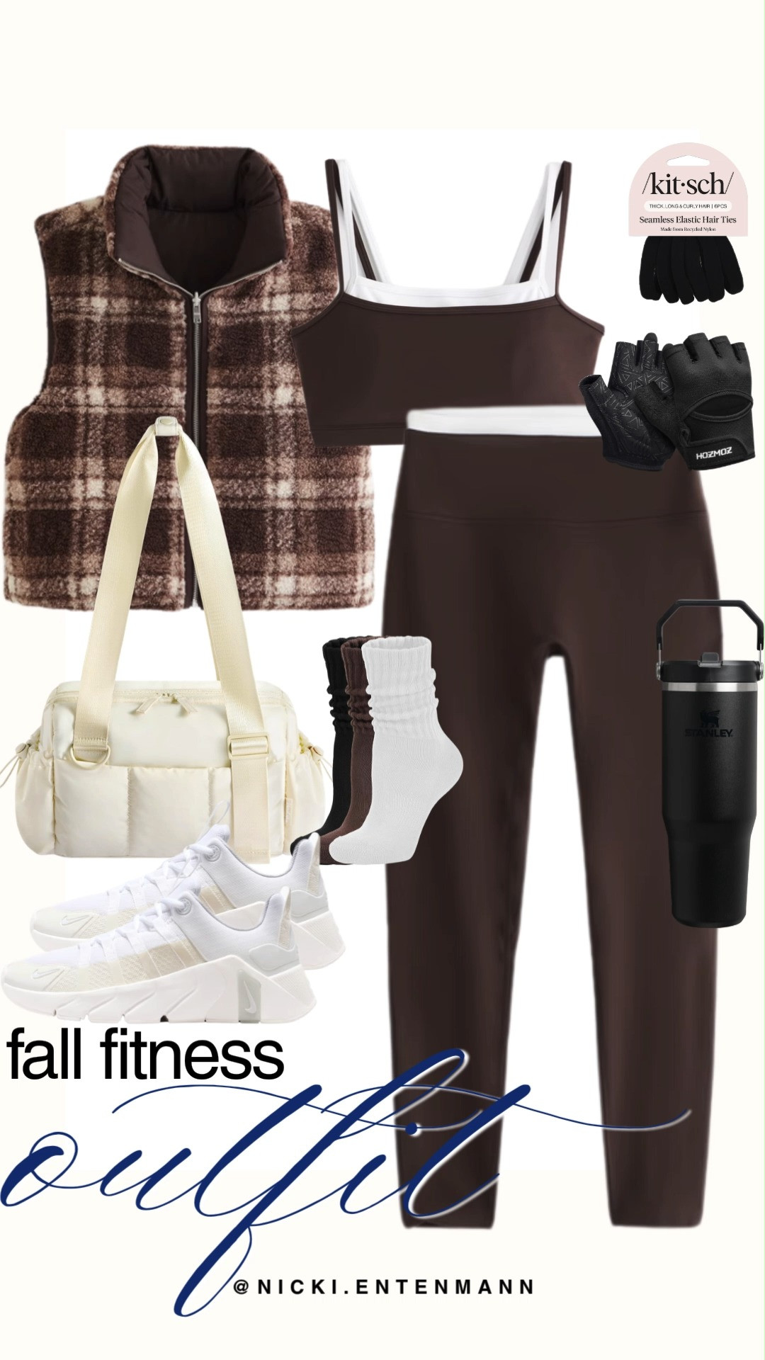 Stay warm during autumn workouts with this cozy fall fitness outfit edit. A brown double-layered sports bra pairs with matching brown leggings and a plush plaid sherpa vest. Crisp white Nike sneakers, an off-white duffel bag, a matte black Stanley tumbler, crew socks, weightlifting gloves, and Kitsch hair ties bring ultimate function to this preppy look.

#fallfitness #gymoutfit #activewear #athleisure #workoutstyle #preppycasual #outfitinspiration 

 #LTKootd #LTKfitnessgoals #LTKActive