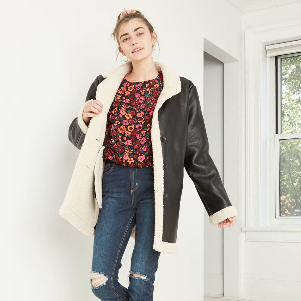 Women's Faux eather Pea Coat - Wid Fabe™ | Target