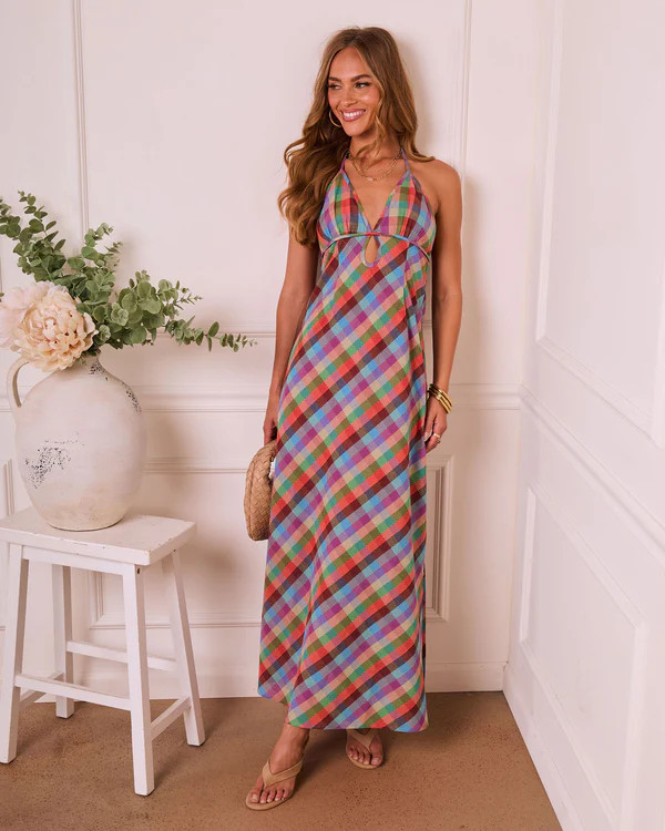 Serene Renewal Plaid Slip Halter Neck Maxi Dress | VICI