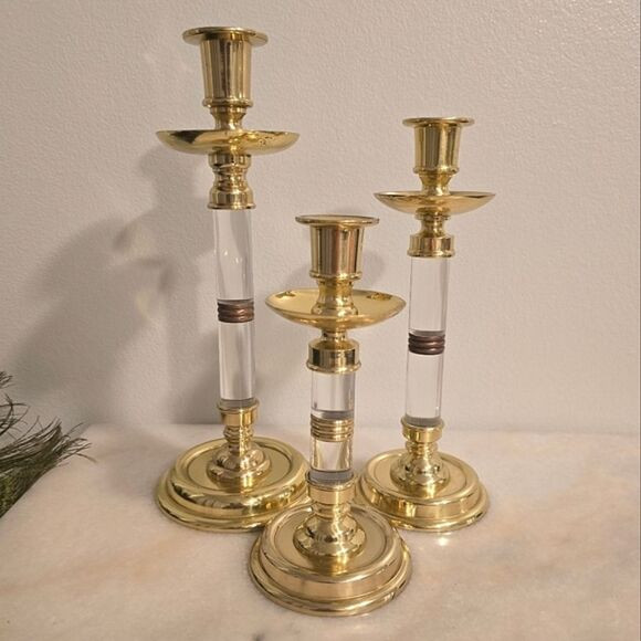 Ethan Allen Vintage MCM Brass & Lucite Candlestick Holders Set of 3 | Poshmark