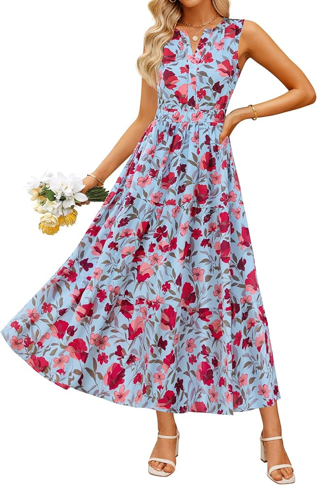 ZESICA Women's Summer Boho Floral Sleeveless Midi Dress 2026 V Neck Elastic High Waist Flowy Casu... | Amazon (US)