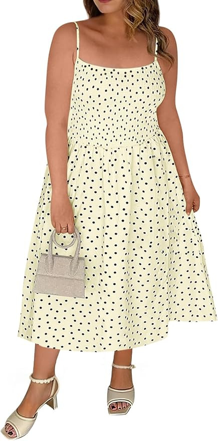 Beautife Women's Plus Size Midi Dress Summer Polka Dot Square Neck Long Dresses Spaghetti Strap S... | Amazon (US)