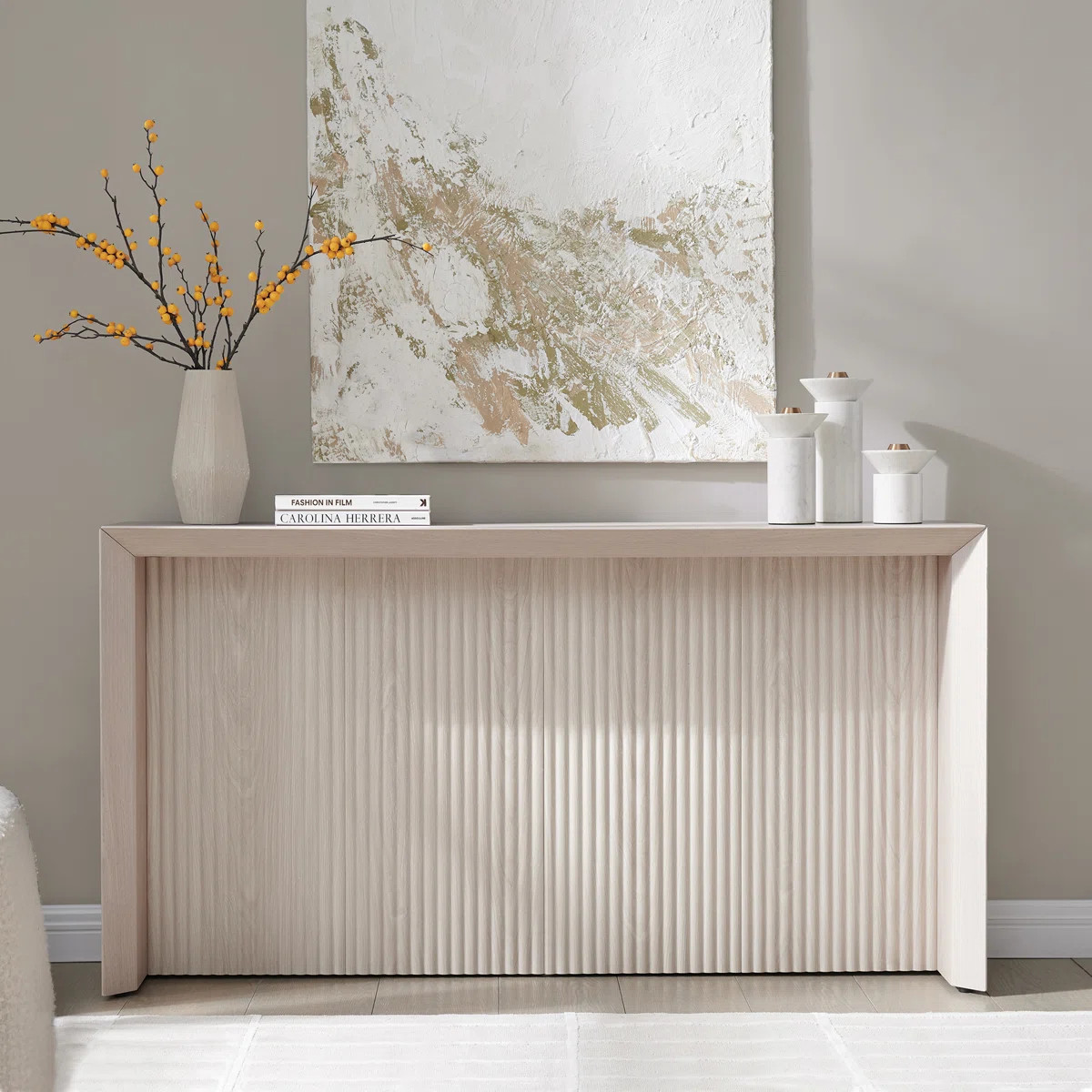 Piedmont 56" Fluted Console Table with Solid Base in  Alder White | Mid-Century Modern Entryway T... | Wayfair North America