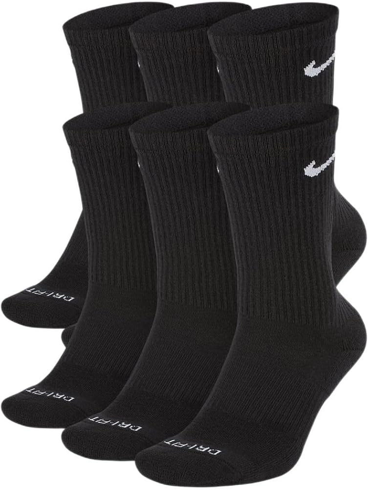 Nike Everyday Plus Cotton Cushioned Crew Socks (6 Pair) (Black, Large) | Amazon (US)