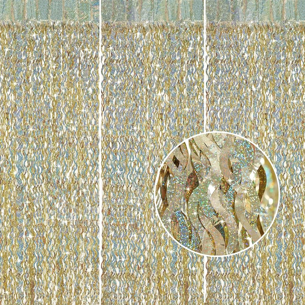 Champagne Gold Foil Fringe Backdrop - CYLMFC 3 Pack 3.3 ft x 6.6 ft Sparkle Tinsel Foil Fringe Ba... | Amazon (US)