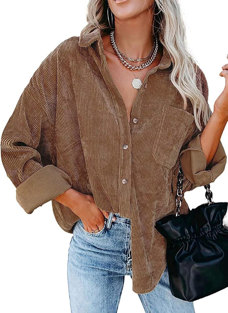 ZEOSHOW Womens Corduroy Button Down Shirt Oversized Long Sleeve Casual Blouse Jacket with Pocket | Amazon (US)