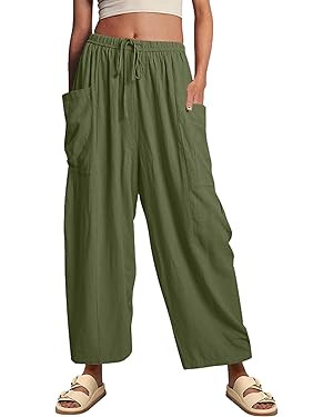 Mingzhu Women's Loose Wide Leg Linen Palazzo Pants Elastic Waist Beach Harem Pants Trousers | Amazon (US)