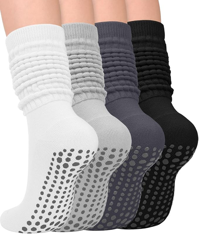 yeuG 4 Pairs Grip Pilates Socks for Women Yoga Slouch Socks with Grips for Barre Grippy Socks Lon... | Amazon (US)