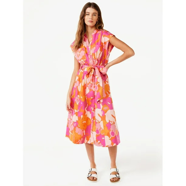 Free AssemblyFree Assembly Women’s Belted Midi Shirt Dress with Short Sleeves, Sizes XS-XXXLUSD... | Walmart (US)