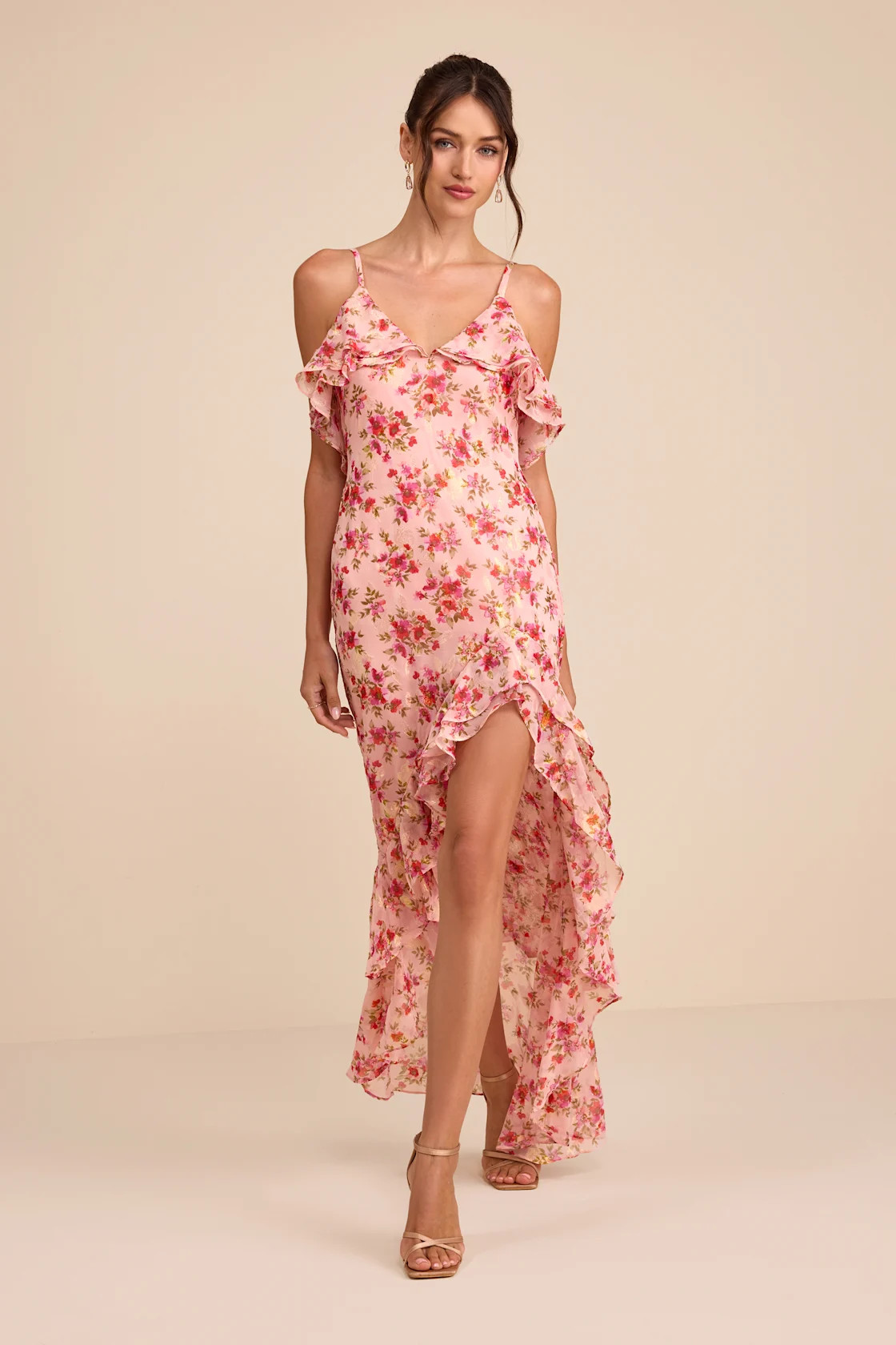 Tameron Pink Floral Ruffled High-Low Maxi Dress | Lulus