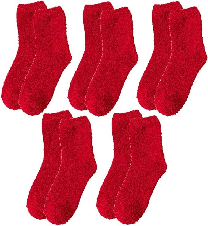 Yuyeran 5 Pairs Womens Fuzzy Socks Soft Winter Warm Solid Socks for Ladies | Amazon (US)