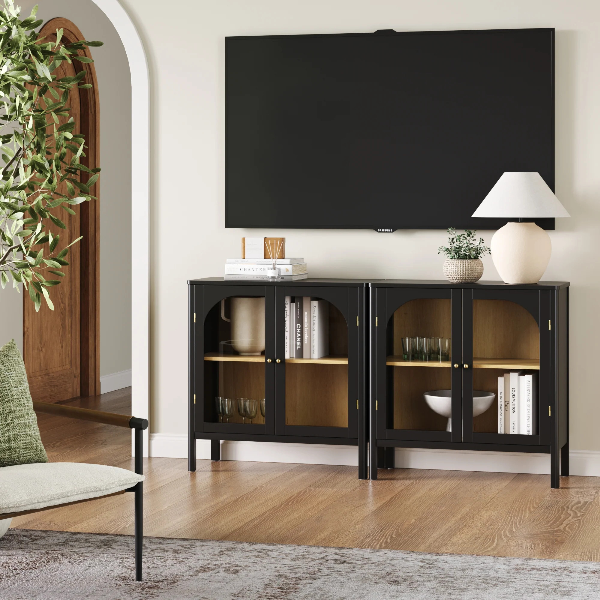 Glass Door TV Console Credenza Black (Set of 2) | Nathan James
