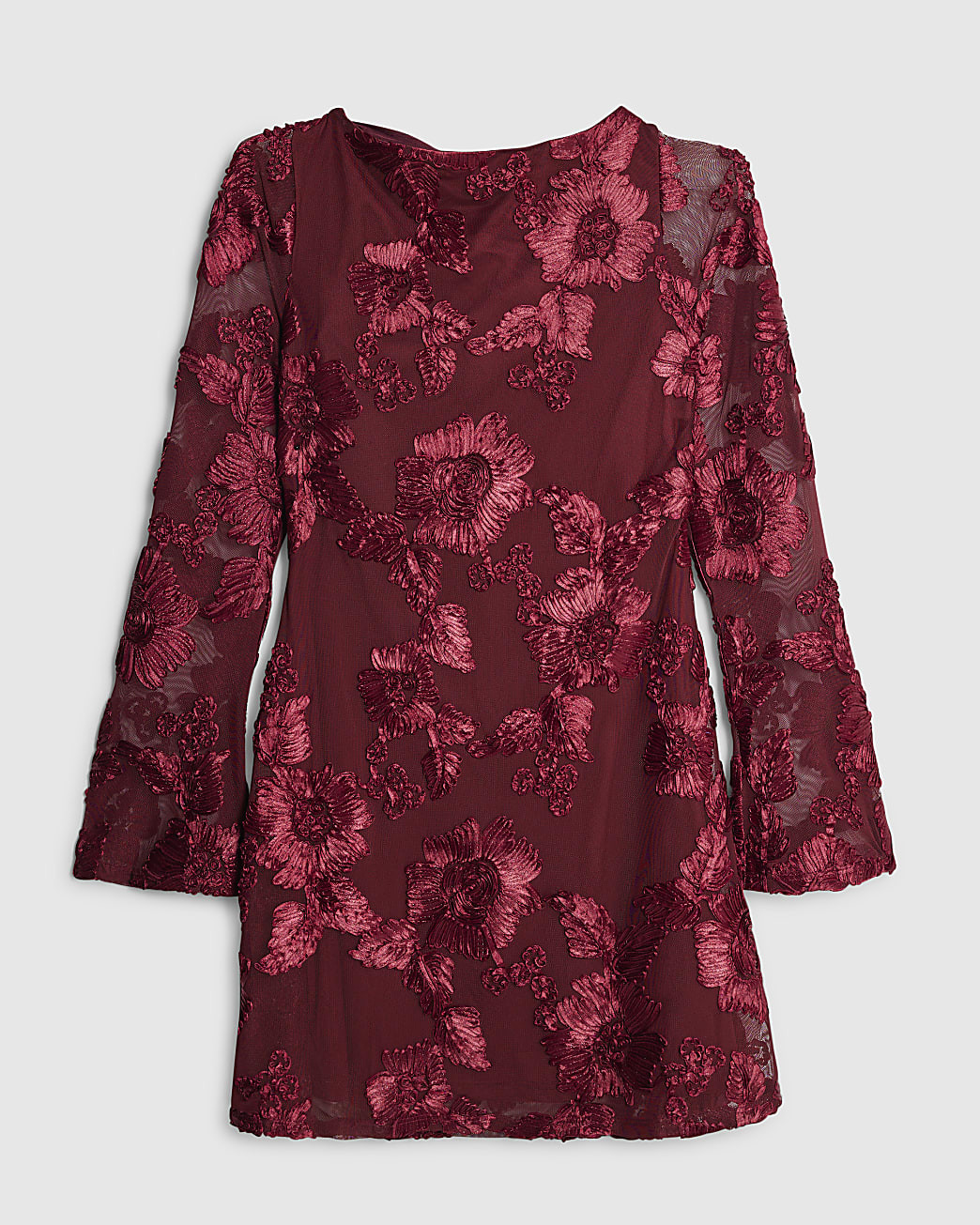Red Floral Embroidered Long Sleeve Mini Dress | River Island UK & IE