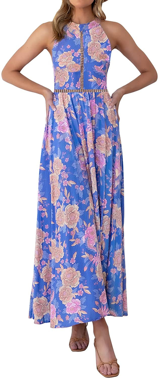 ZESICA Women's 2023 Summer Halter Neck Floral Print Backless Split Beach Party Maxi Dress | Amazon (US)