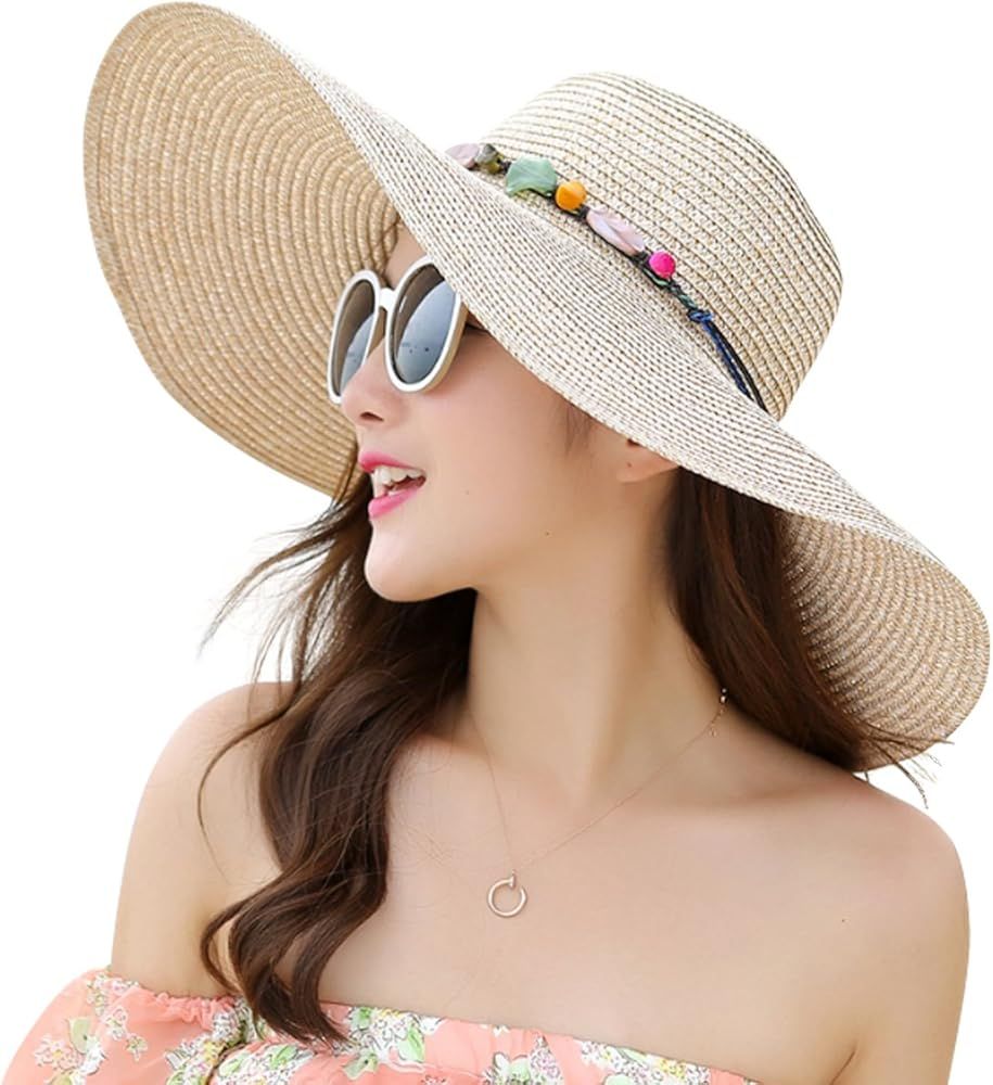 JOYEBUY Women's Floppy Big Brim Hat Bowknot Straw Hat Foldable Roll up Sun Hat | Amazon (US)