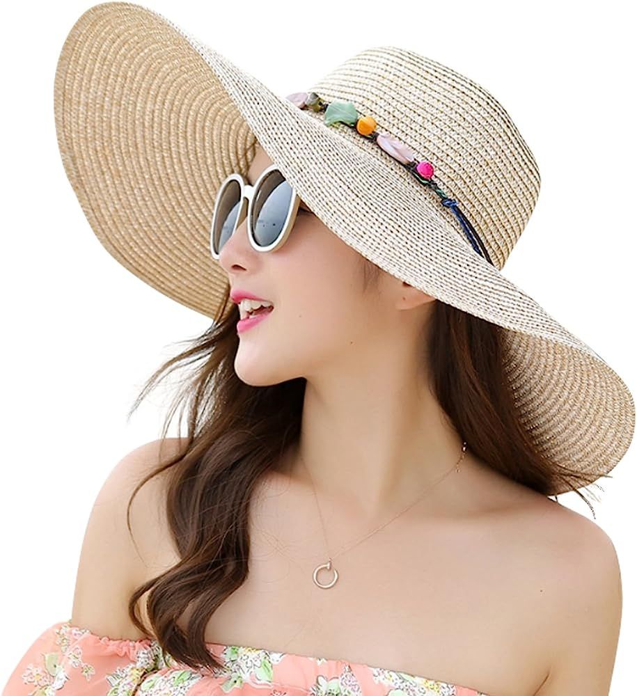 JOYEBUY Women's Floppy Big Brim Hat Bowknot Straw Hat Foldable Roll up Sun Hat | Amazon (US)