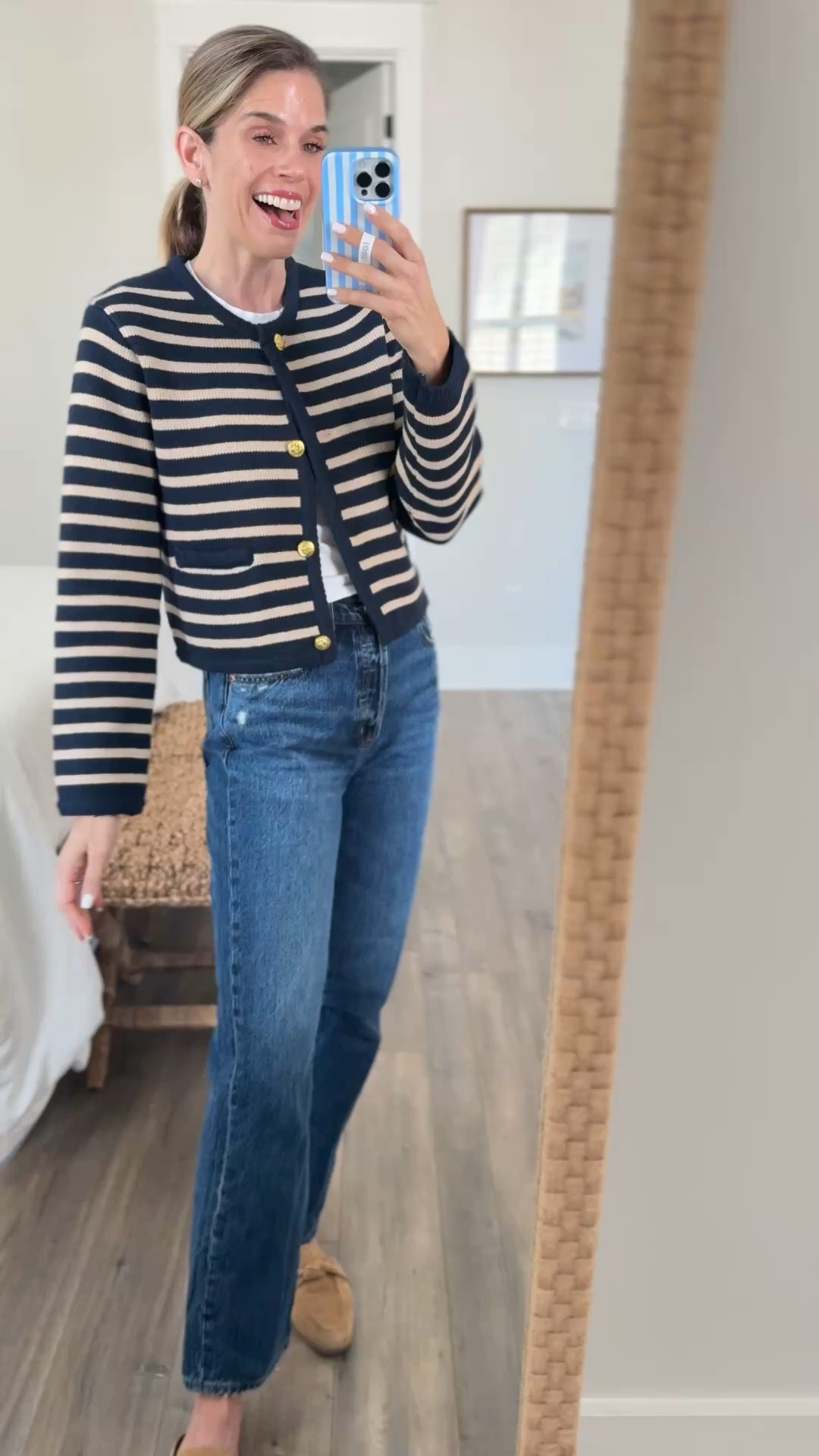 Cooler Spring Day outfit. Classic sweater with gold buttons and tee with Pistola Jeans. 

#LTKootd #LTKOver40