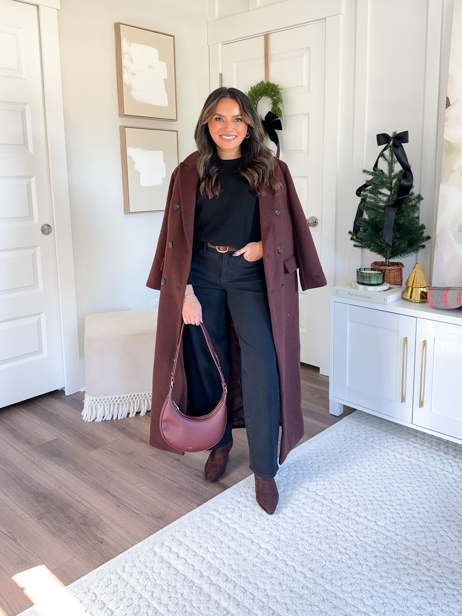 Brown long coat XXS petite TTS - size up a size if you want to button it over thick sweaters 
Black sweater size xs TTS - use code RACHEL25 for 25% off
Brown belt size XS TTS
Black barrel jeans size 0 petite - sized down size! Use code RACHEL25 for 25% off!
Brown suede boots size 5.5 TTS

Thanksgiving Outfit 
Holiday Outfit 
Holiday style 
Fall outfit 
Fall style 
Petite outfit 
Petite fashion 
 Honey Sweet Petite 
Honeysweetpetite 

#LTKStyleTip #LTKSeasonal #LTKWorkwear