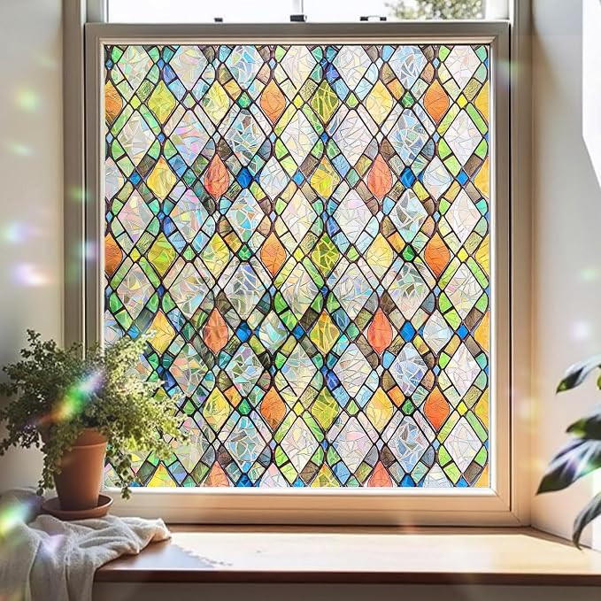 Window Privacy Film, Stained Glass Decorative Static Cling, Removable Laser Sun Blocking Vinyl Co... | Amazon (US)