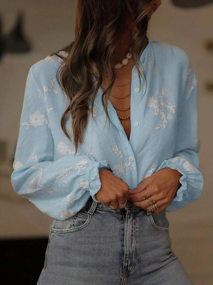 Bestselling Vintage Style Embroidered Ruffle Hem Women Blouse, Floral, Leaf Print, Botanic Button... | SHEIN