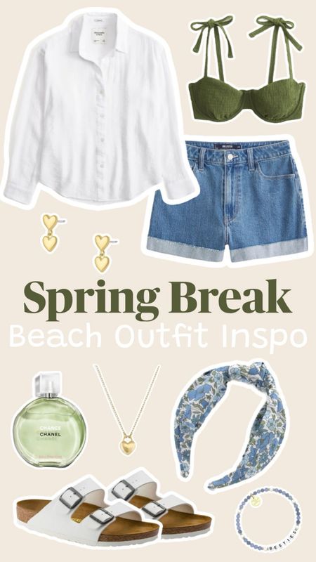 Spring break outfit inspo! #springbreak #beach #beachoutfit #springbreakclothes #headband #perfume #jeanshorts #teenfashion #beachcoverup #earrings #gorjana #heartearrings #heartnecklace 