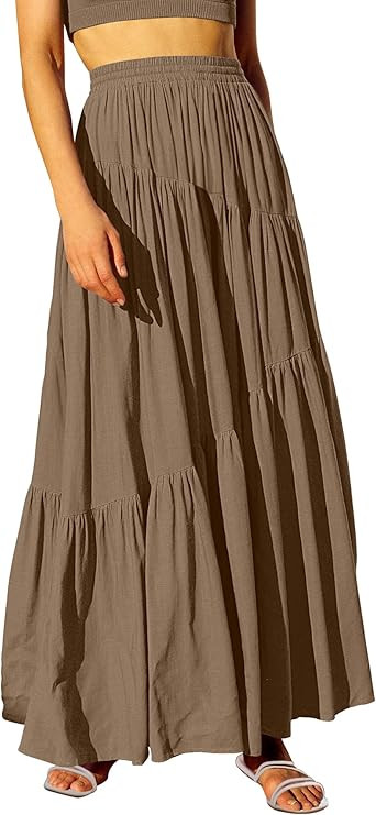 ANRABESS Women’s Boho Elastic High Waist Pleated A-Line Flowy Swing Asymmetric Tiered Maxi Long... | Amazon (US)