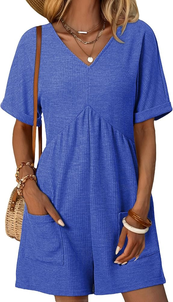 AlvaQ Womens Summer Short Sleeve V Neck High Waist Zipper Romper with Pockets | Amazon (US)