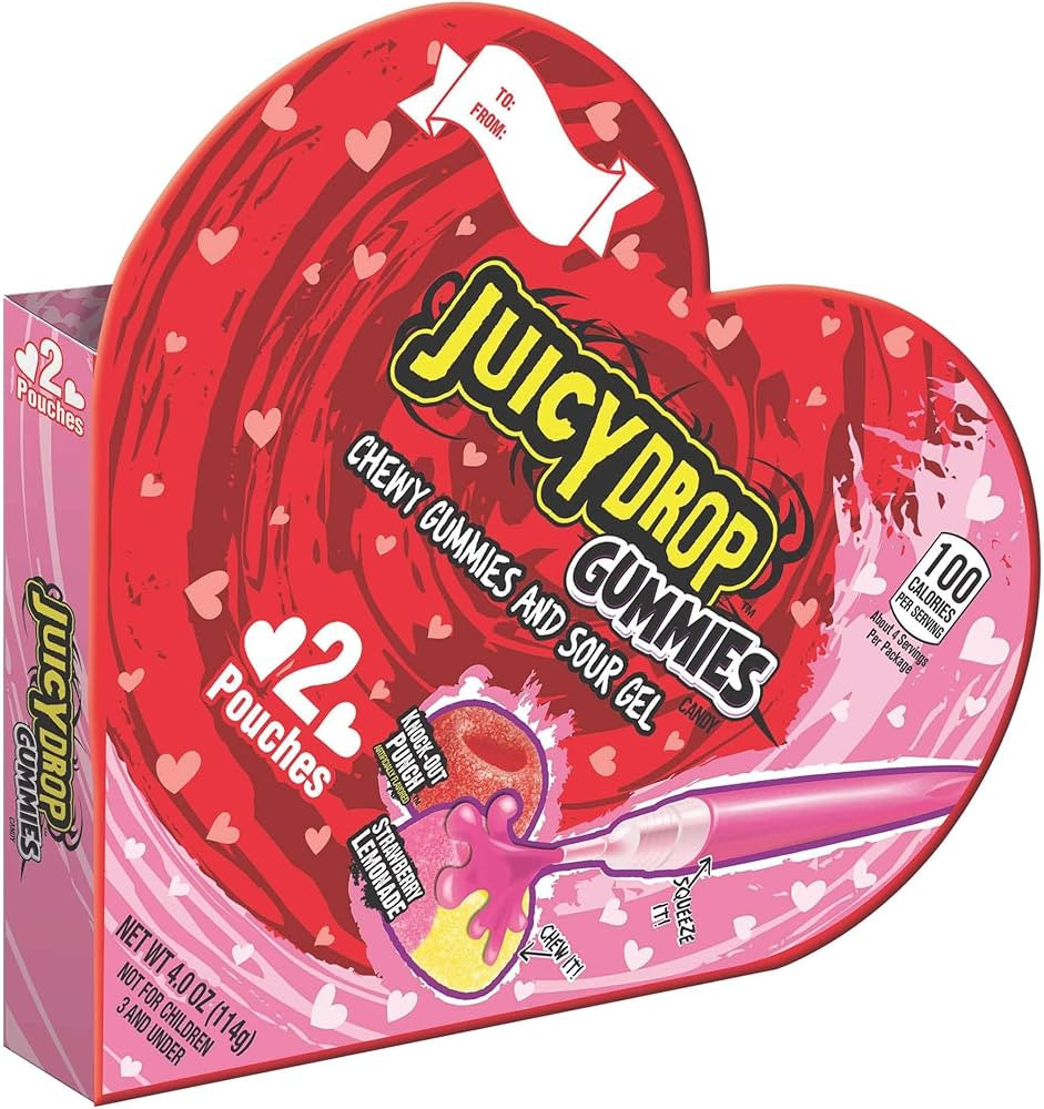 Bazooka Juicy Drop Chewy Gummies and Sour Gel Valentine Heart Shaped , 4.02 Ounce Gift Box | Amazon (US)