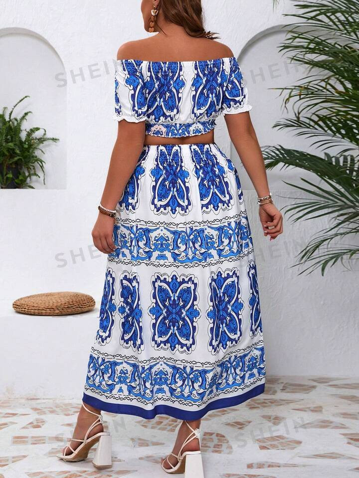 SHEIN VCAY Plus Size Floral Print Off-Shoulder Puff Sleeve Cropped Top And Skirt Set | SHEIN