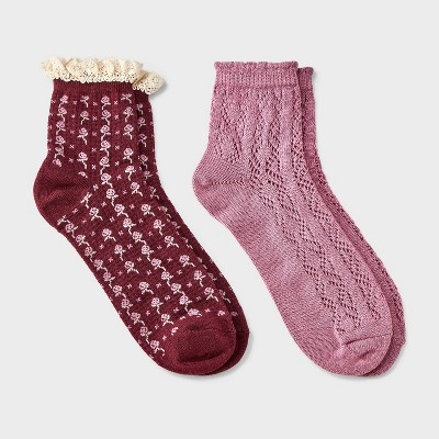 Women's Floral Lace and Pointelle 2pk Ankle Socks - Auden™ Berry/Pink 4-10 | Target