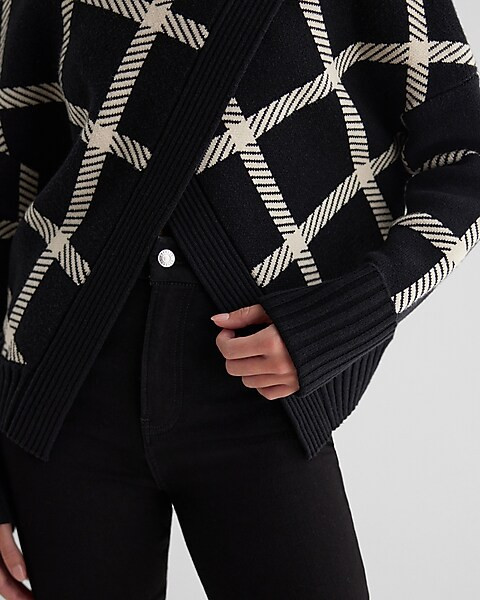 Plaid Mock Neck Cuffed Sleeve Crossover Sweater | Express