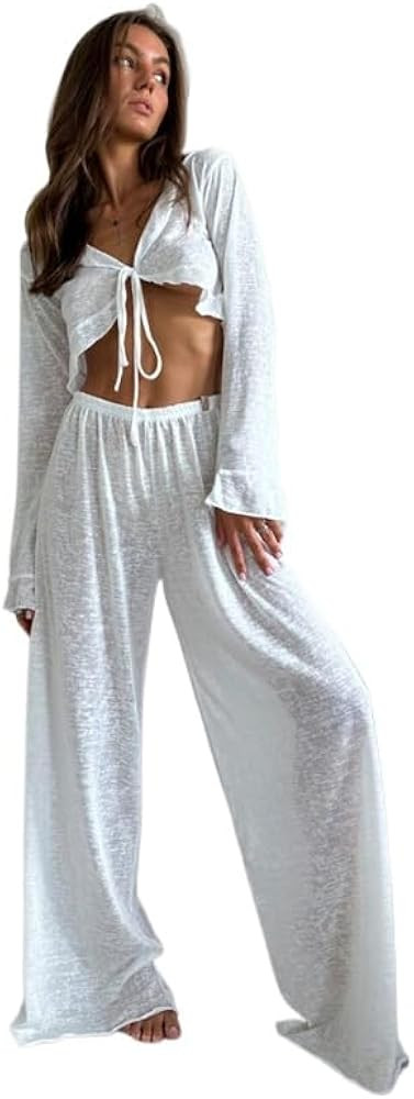 Women's lace up front pajama sexy exposed navel two-piece set for home wear Y2K pajama two-piece ... | Amazon (US)