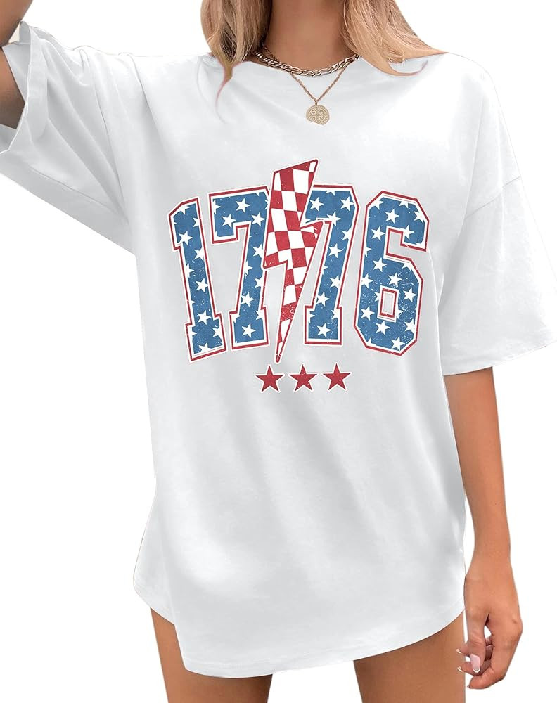 Women America 1776 T Shirt 4th of July Oversized Shirts Patriotic USA Flag Casual Short Sleeve Te... | Amazon (US)
