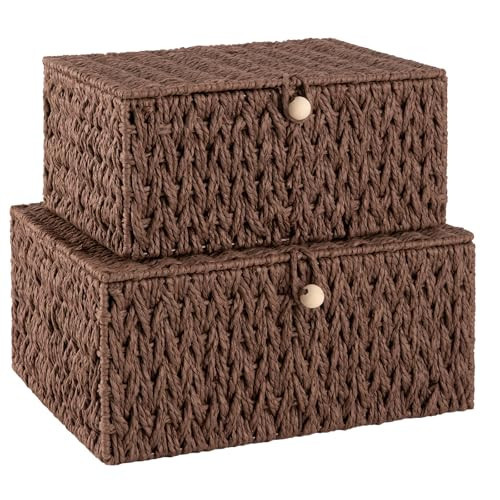 OIAHOMY Wicker Storage Basket with Lid & Lock, Lidded Storage Bins, Decorative Baskets for Organizing, Set of 2-Brown | Amazon (US)