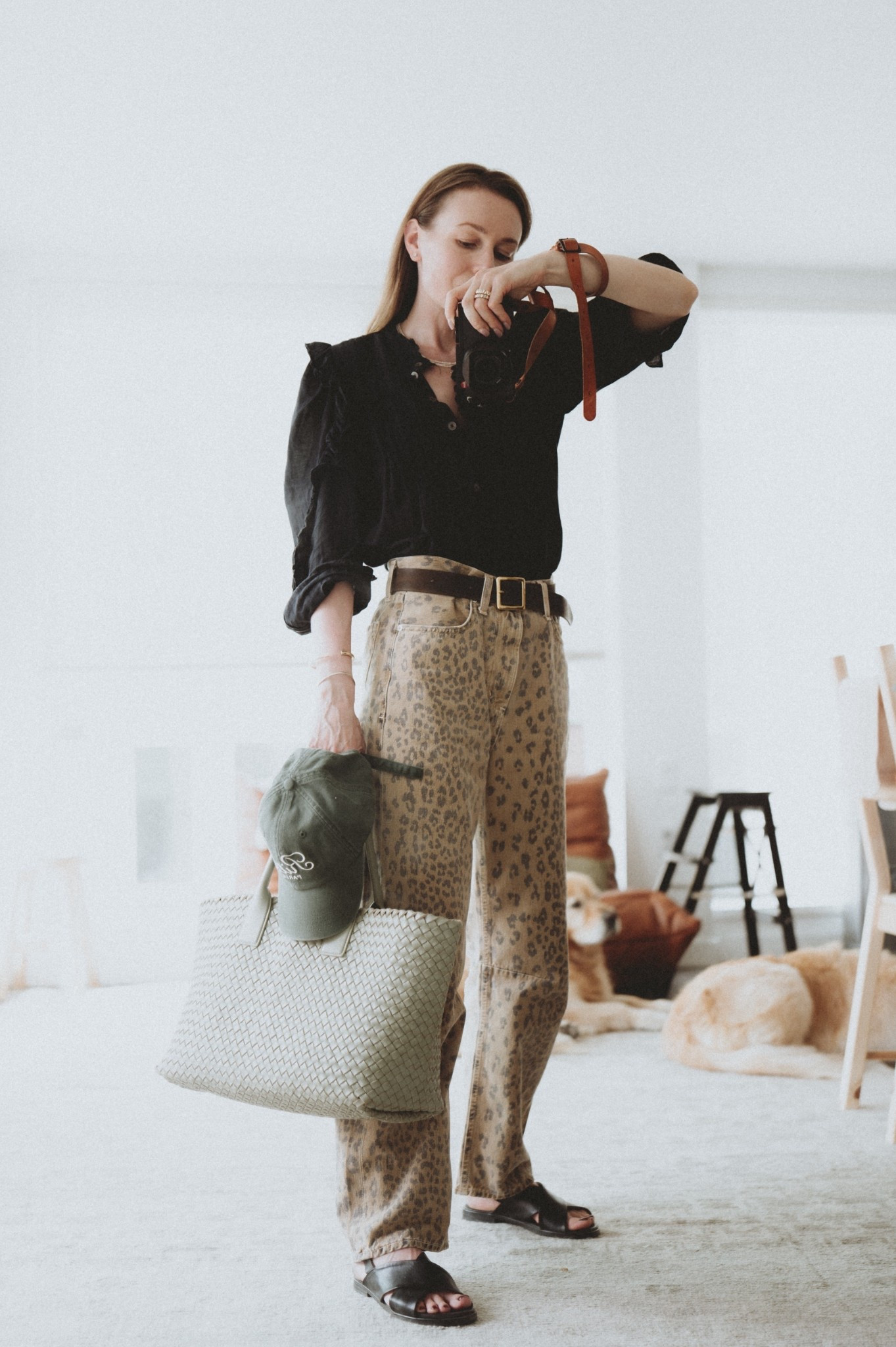 OOTD: Citizens of Humanity cheetah print jeans + Buck Mason belt + Zadig & Voltaire tuxedo style ruffled blouse + flat sandals + Bottega Veneta Cabat bag. Cap 🧢 by Frame + Ritz Paris. 

#LTKStyleTip #LTKSeasonal #LTKWorkwear