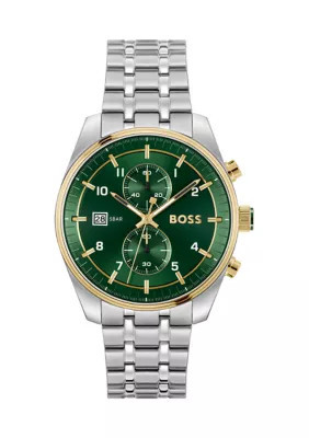 HUGO BOSS Men's Skytraveller Silver Bracelet Green Dial Watch | Belk