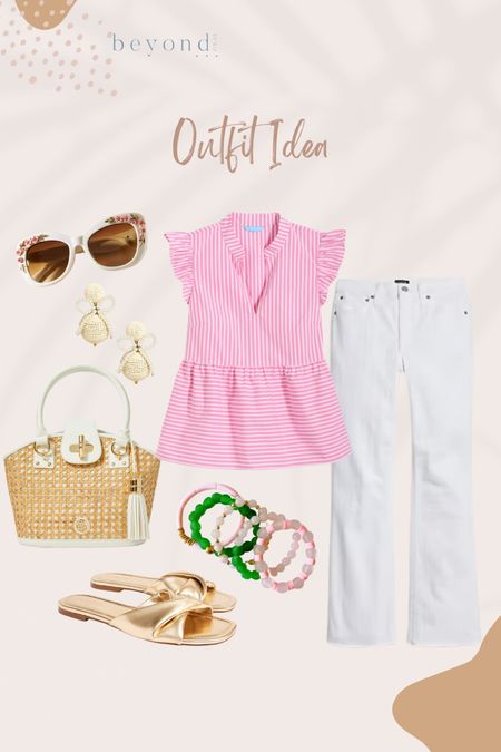 Easy peasy everyday outfit idea for spring and summer. The peplum top is always a flattering silhouette. I have this handbag and it is even more beautiful in person. The oversized gold clasp is stunning! I also have the sunglasses in the tortoise version and they are so fun! Code KATI15 can be used for the bracelet stack. 🤩

#LTKTravel #LTKStyleTip #LTKOver40