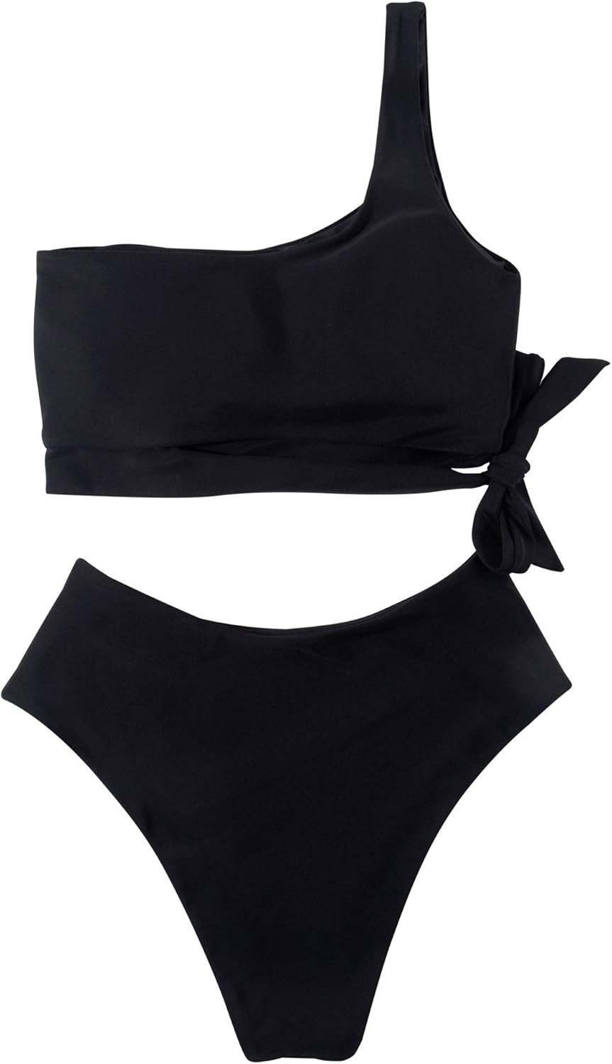 MOOSLOVER Women One Shoulder High Waisted Bikini Tie High Cut Two Piece Swimsuits | Amazon (US)