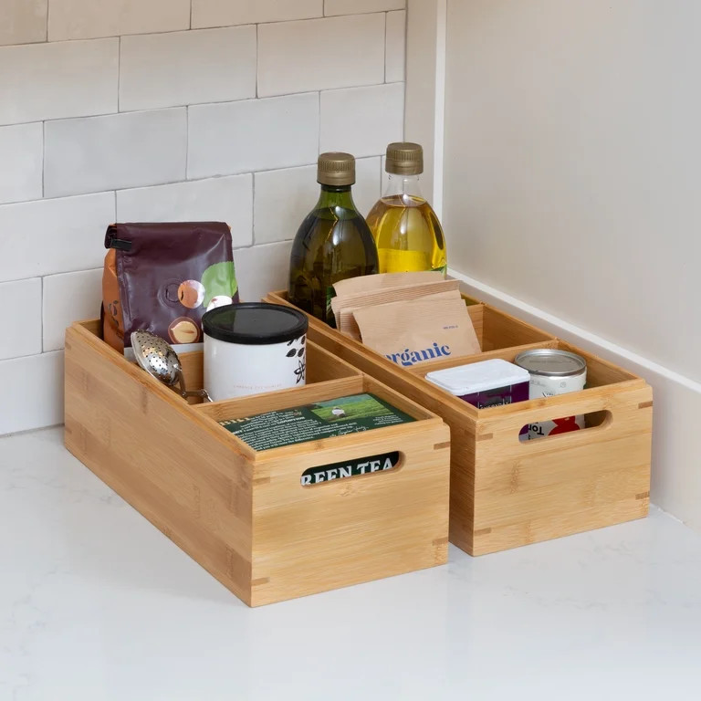 Better Homes & Gardens Set of 2 Bamboo Pantry Organizer Boxes with Dividers, Natural | Walmart (US)