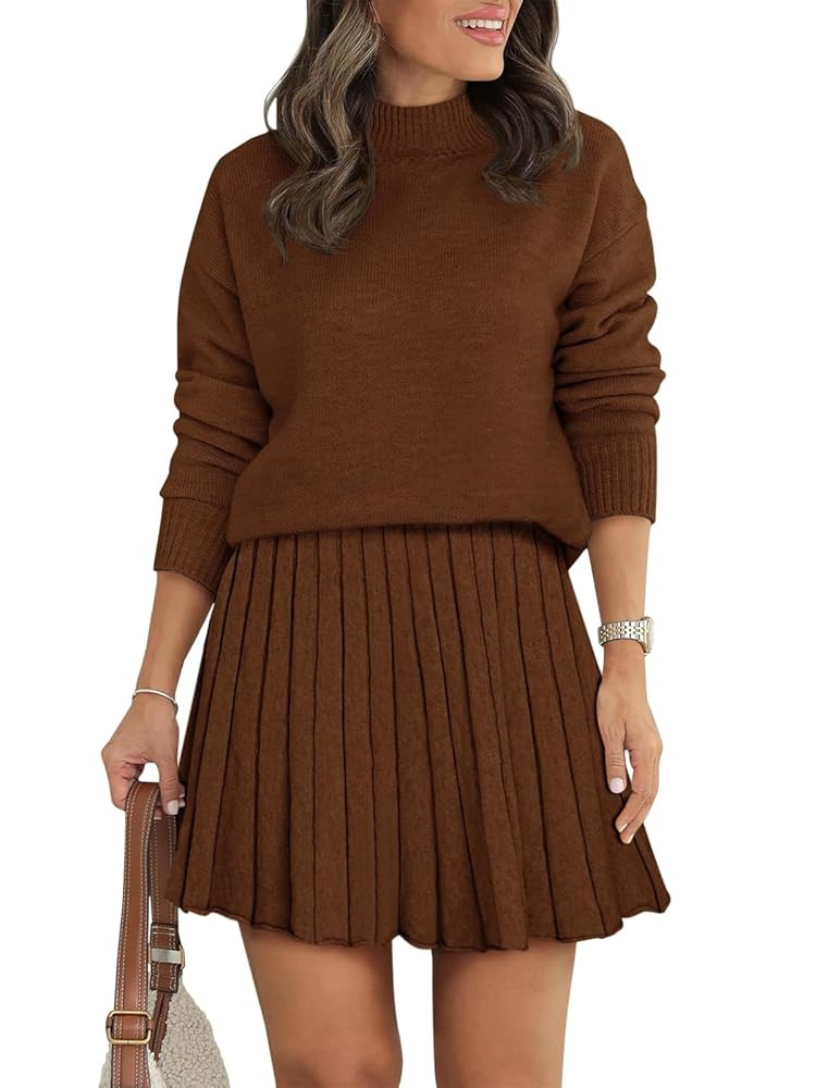 Women's Two Piece Outfits Turtleneck Long Sleeve Ribbed Knit Tops Pleated Mini Skirt 2025 Casual ... | Amazon (US)