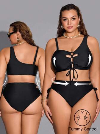 Shapewave Plus Size Solid Color Cross Strap Bikini Set, Vacation & Beach For Summer | SHEIN