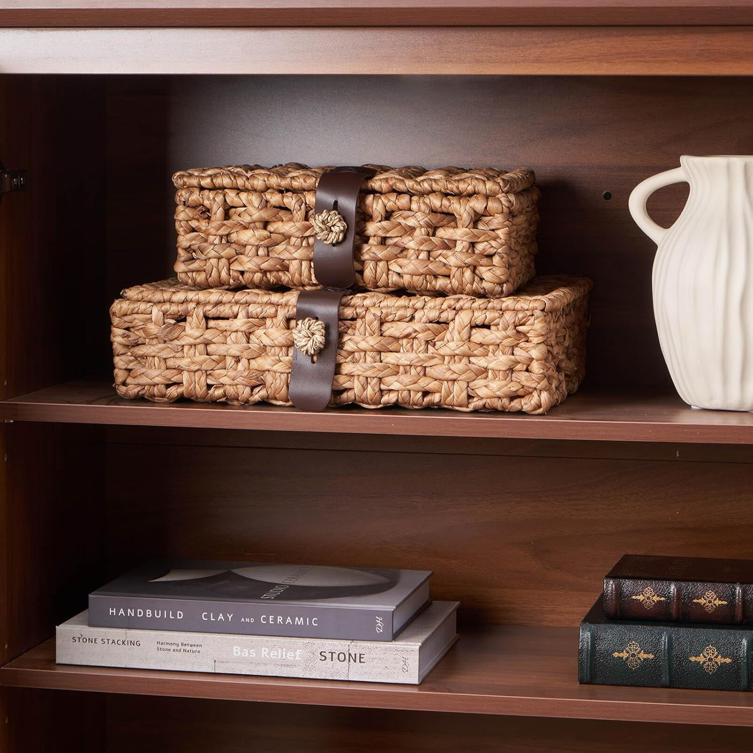 Decorative Box with Lid, Wicker Storage Basket, Water Hyacinth Woven Decorative box for Shelf, Co... | Amazon (US)