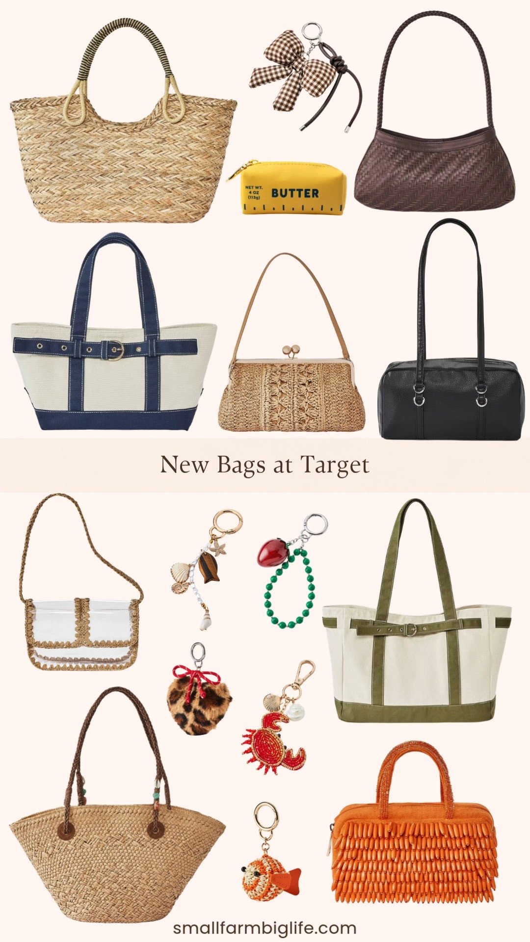 New bags at Target and this collection is so good right now. I am loving the hand woven straw totes and seagrass bags for summer, the mini beaded fringe satchel in orange is such a fun pop of color, and the canvas belted totes in olive and blue are the kind of everyday bags you will reach for all season long. The bag charms are where it gets really fun, from the glitter strawberry and beaded crab and shell to the puffer fish and leopard print heart. Such an easy way to personalize any bag you already own. All of these are at Target prices so tap to shop before they sell out! 

 #LTKootd #LTKSeasonal #LTKOver40