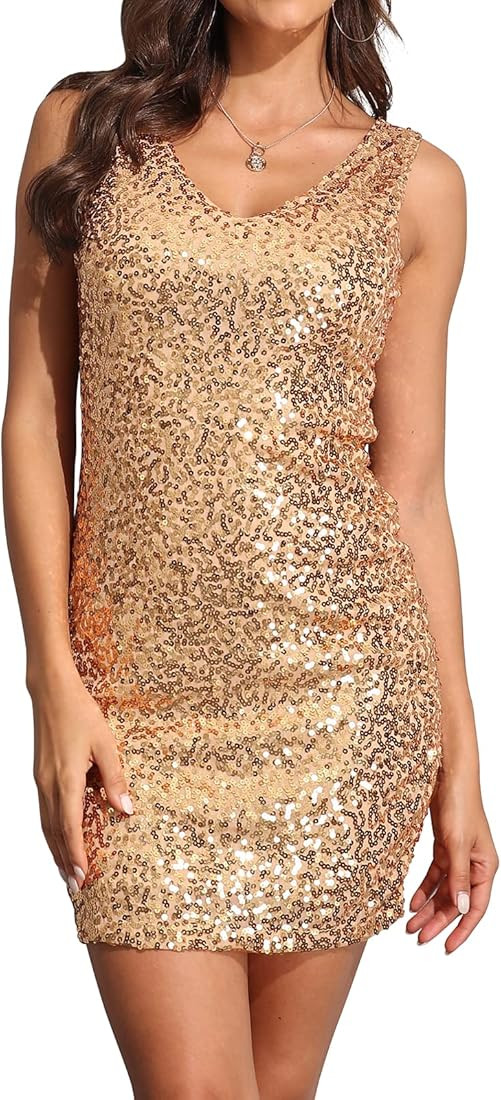 PrettyGuide Women's Sequin Cocktail Dress V Neck Bodycon Glitter Party Dress | Amazon (US)