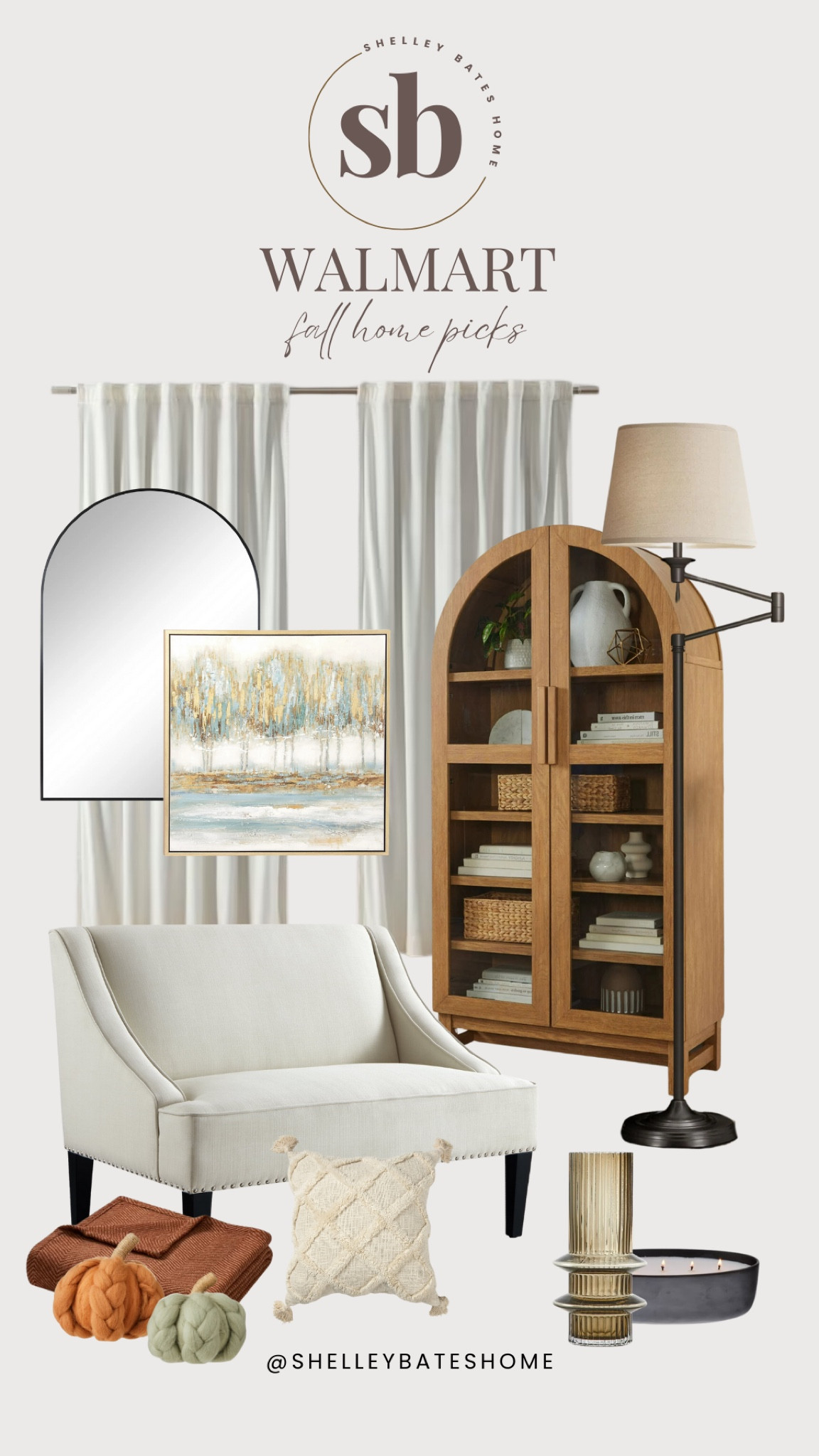 Walmart new Fall home picks 

shelving cabinet, accent chair, curtains, floor lamp, wall mirror, wall art, decorative bowl, pumpkins, throw blanket, throw pillow, candle, vase 

#LTKHome