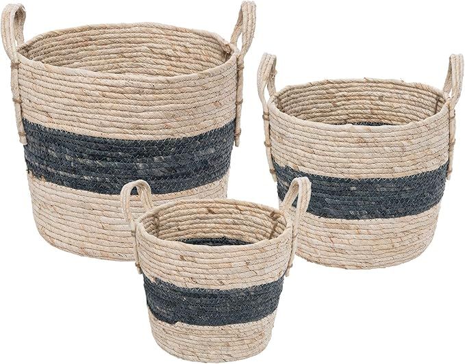Foreside Home and Garden Blue Stripe Natural Baskets, Set of 3 | Amazon (US)