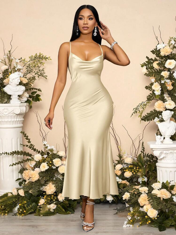 SOLERSUN Halter, Suspender, Swing Collar, Pocket Collar, Low Waist, Cross Open Back, Fishtail, Long Green Matcha Green Dress, Sexy And Elegant Party Dress, Sisters Evening Dress, Ladies Dress Maxi Satin Women Outfit Fall Women Clothes Winter Women Clothes Homecoming Dress Thanksgiving Women Outfit Back To School Clothes Teacher Outfits | SHEIN