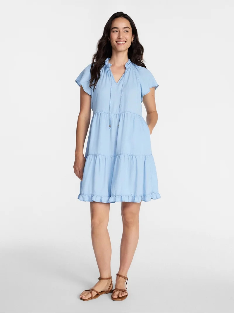 Time and Tru Women's Tiered Mini Dress with Flutter Sleeves, Sizes XS-XXXL | Walmart (US)