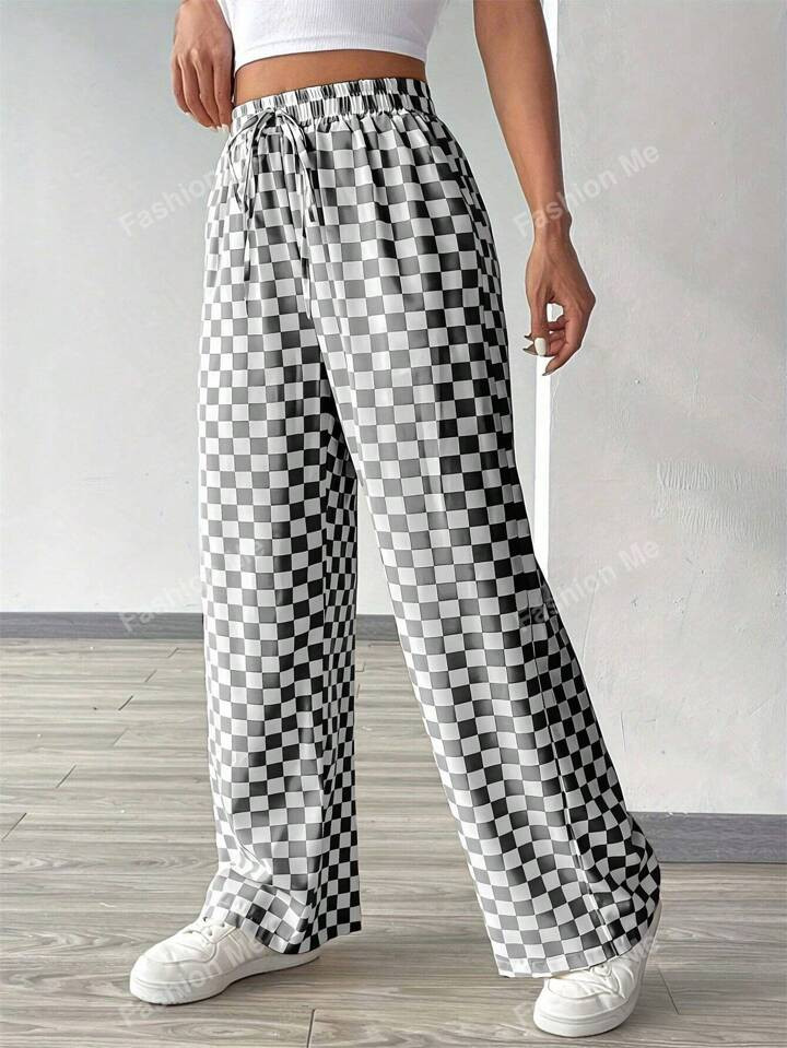 Plaid Print Casual Loose Wide Leg Pants With Tie Waist | SHEIN